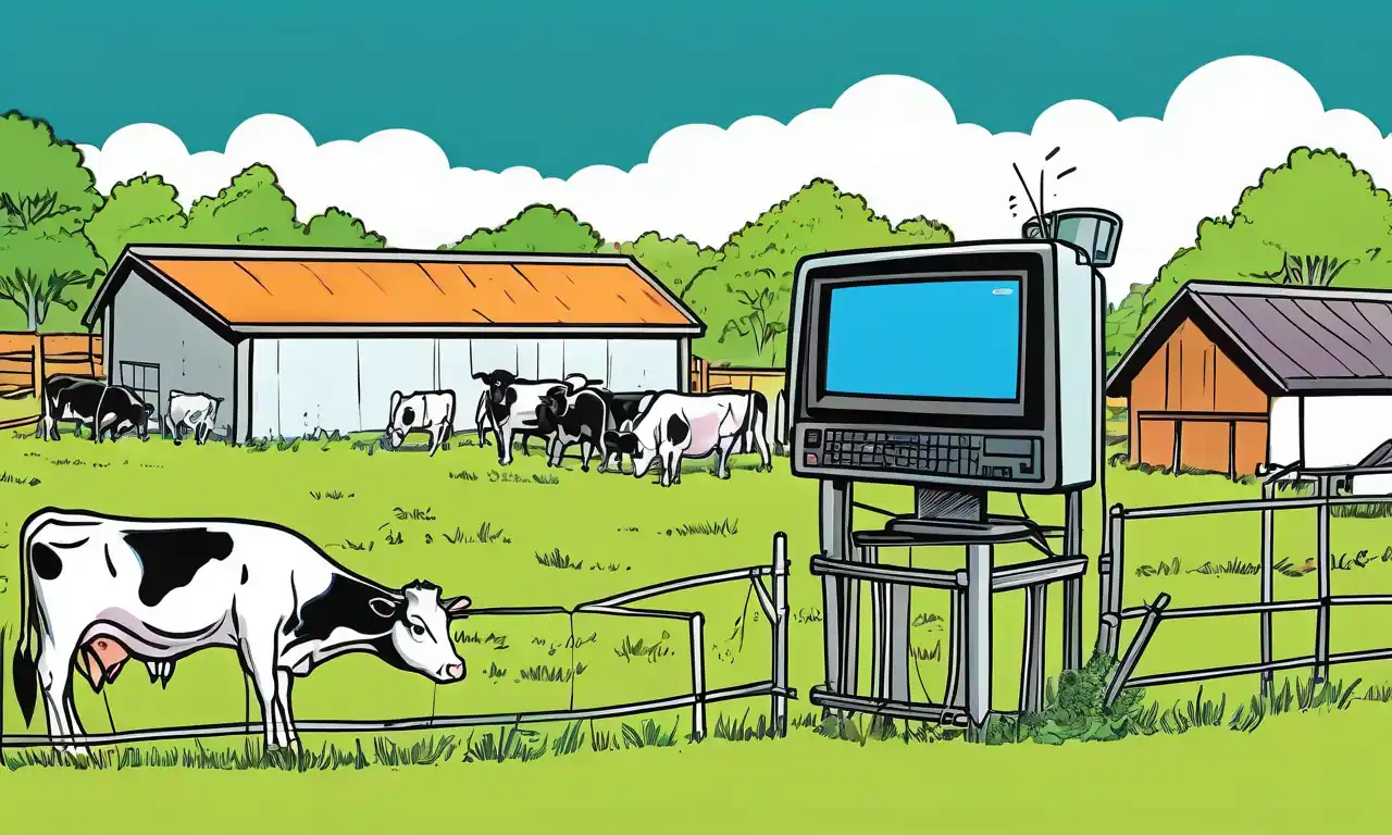 Monitor digital, pastoreo de vacas, paisaje agrícola, gráficos de análisis de datos