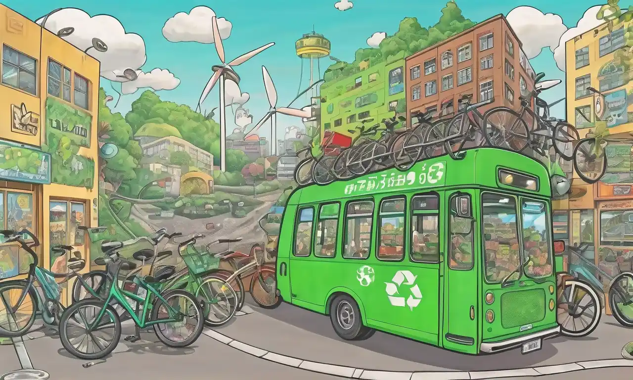 Bicicleta eléctrica, autobús público, paisaje verde, paneles solares