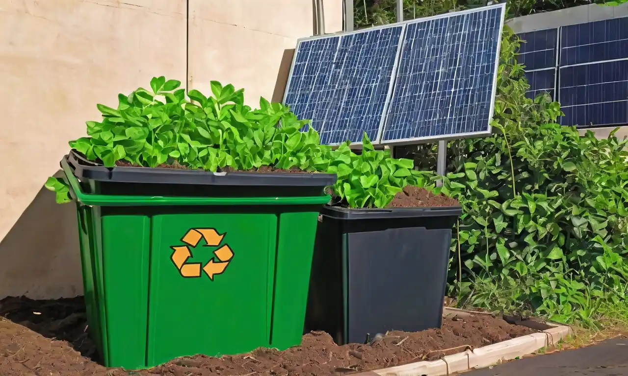 Símbolo de reciclaje, hojas verdes, paneles solares, contenedores de reciclaje