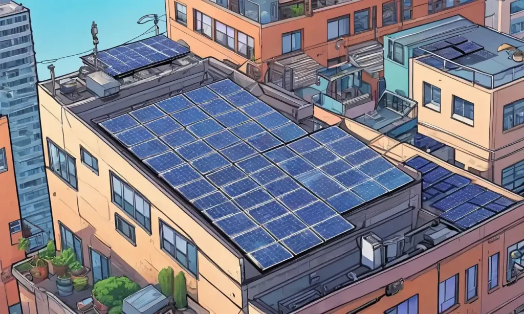 Modernos paneles solares montados en terrazas en la azotea en medio de paisaje urbano