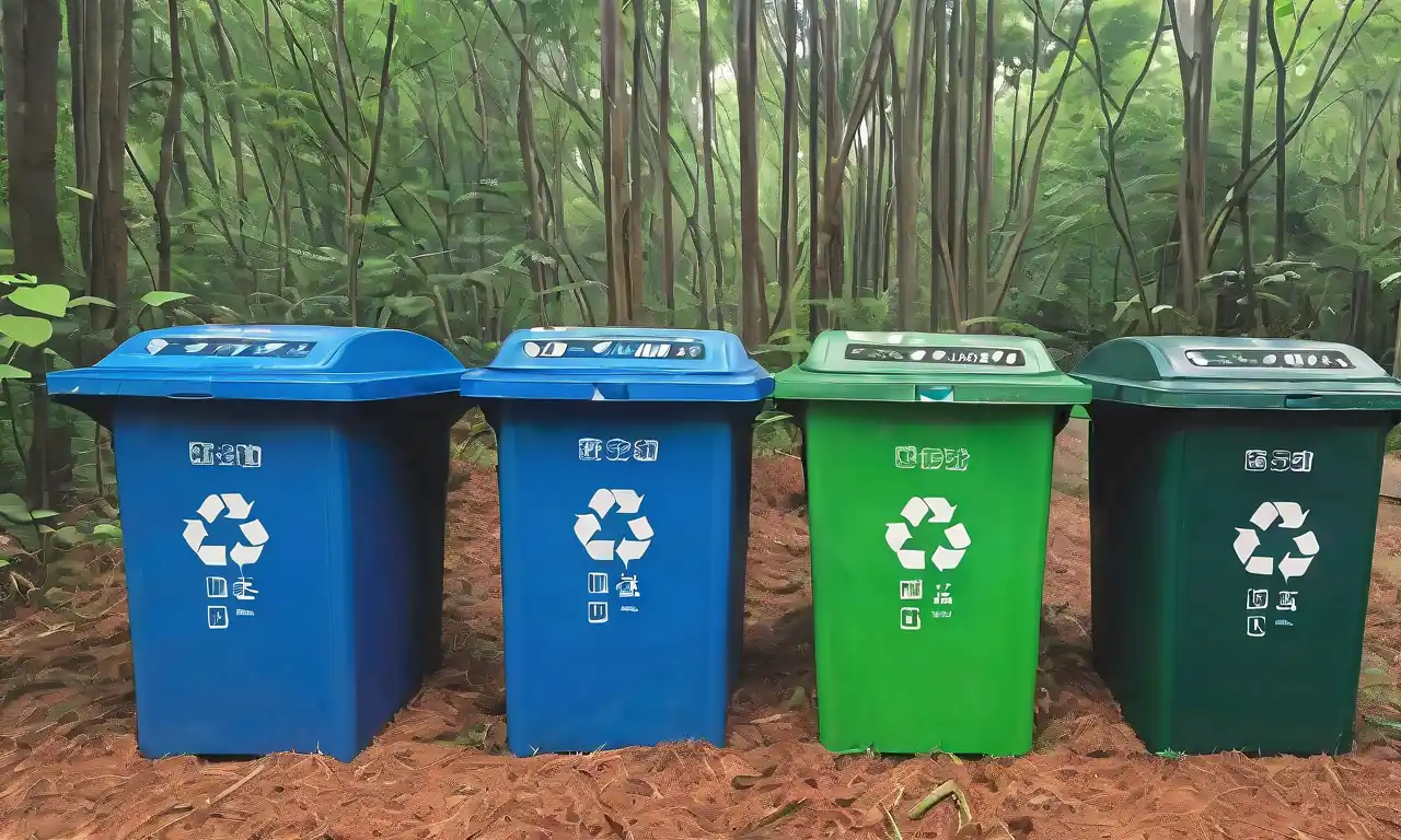 Cubos de desechos, sistema de clasificación, símbolo de reciclaje, frondoso fondo forestal