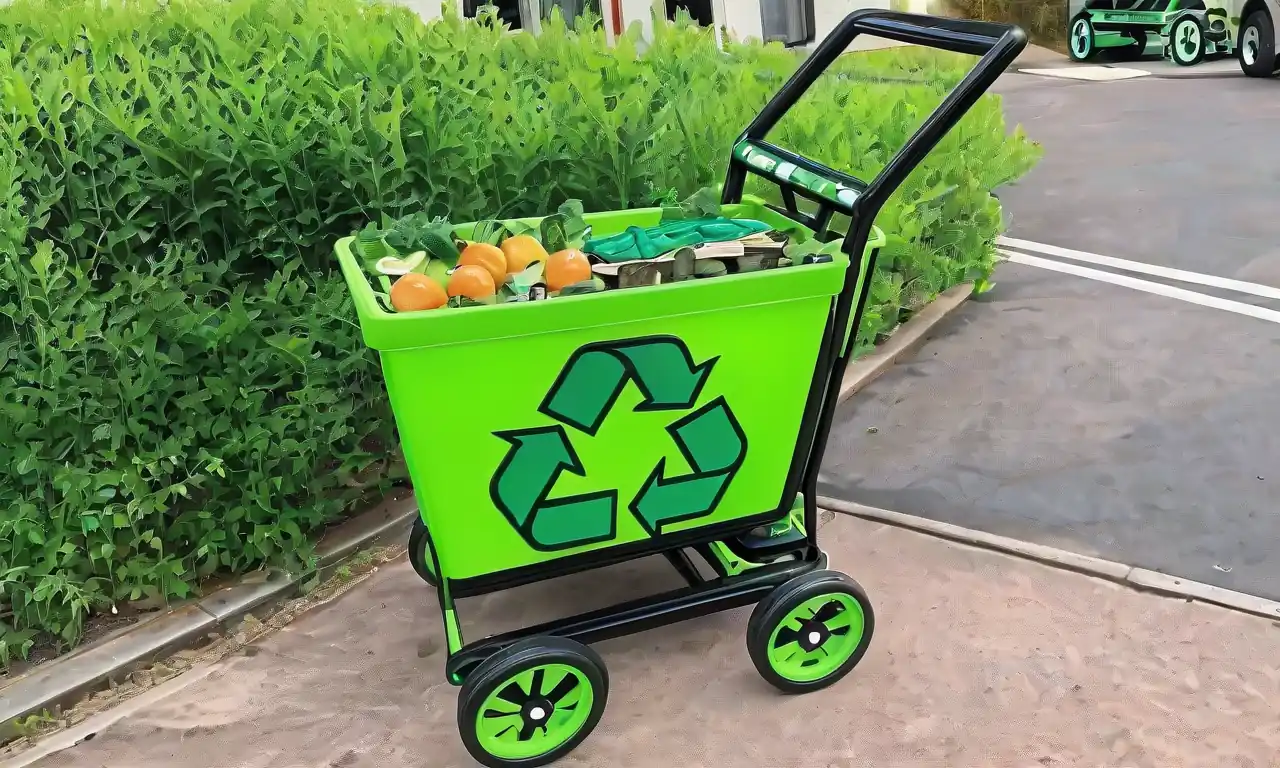 hojas verdes, cubos de reciclaje, pantalla de smartphone, embalaje ecológico