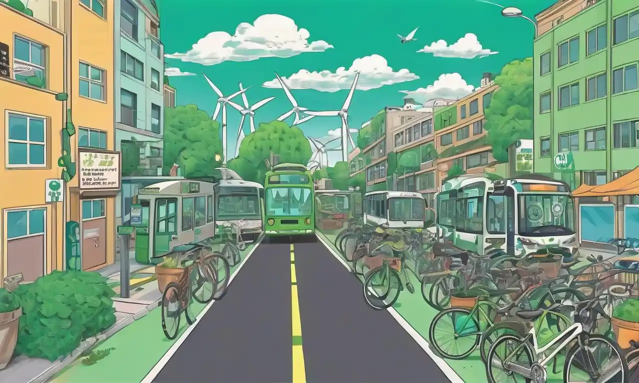 Bicicleta eléctrica, bus solar, turbina eólica, paisaje urbano verde