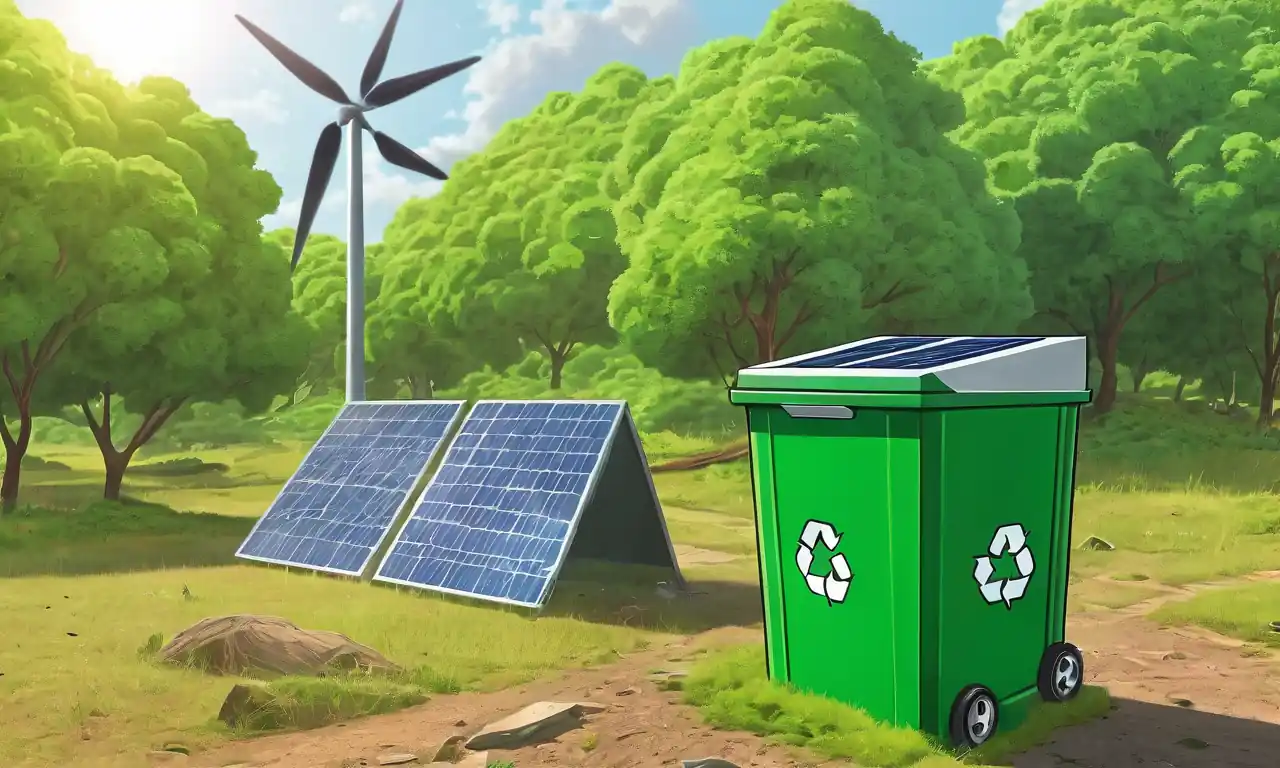 Bosque verde, paneles solares, contenedores de reciclaje, gráficos educativos