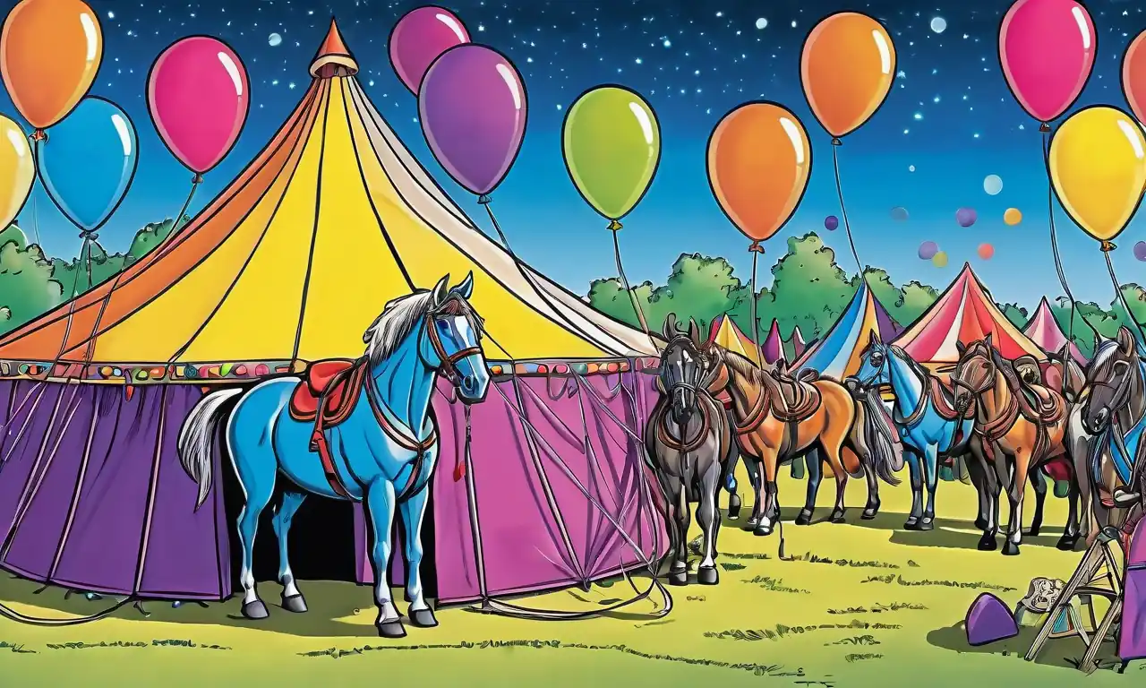 Telón de fondo del festival equino, globos coloridos, gráficos educativos, figuras de caballo