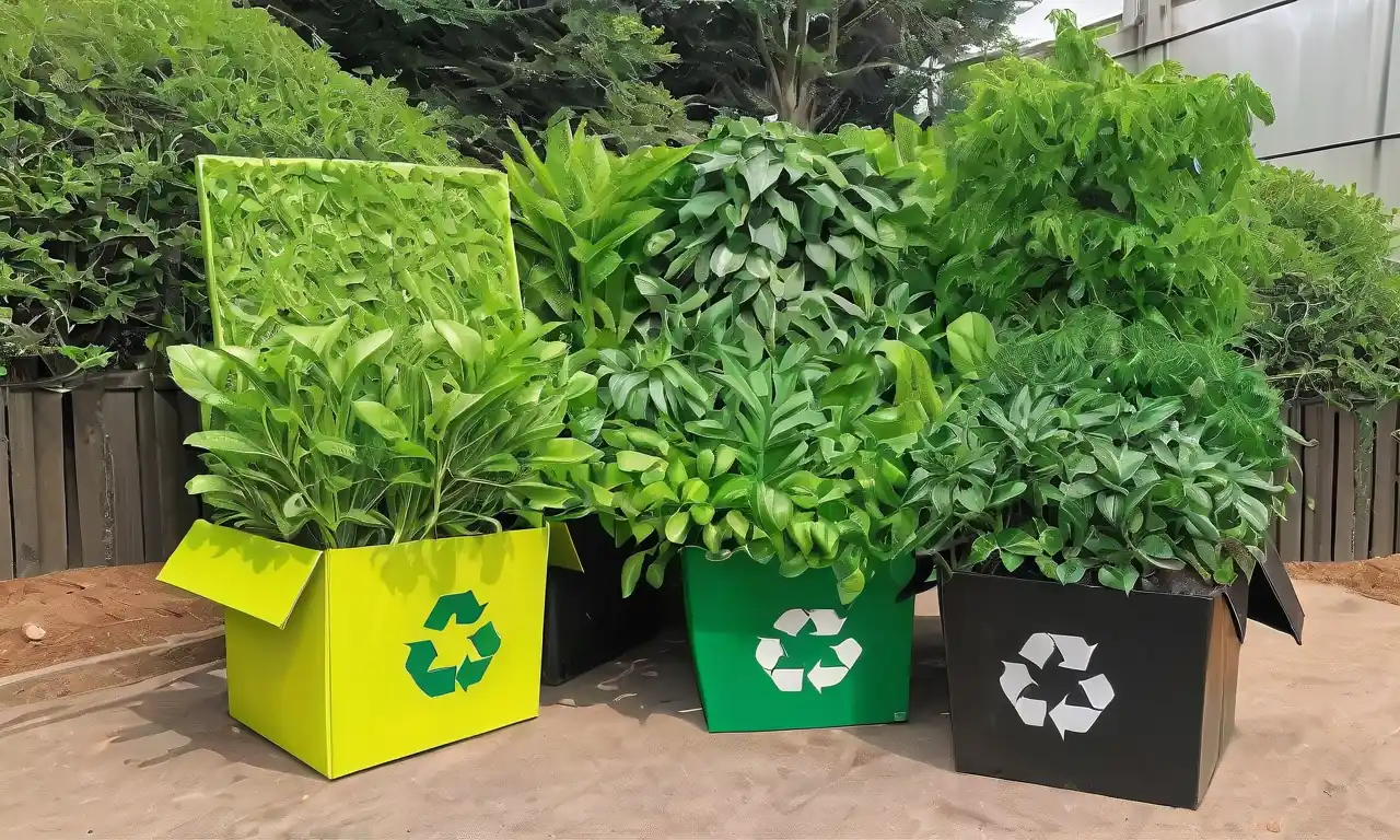 Reciclaje de cubos, heap de compost, turbina de viento, crecimiento de planta verde