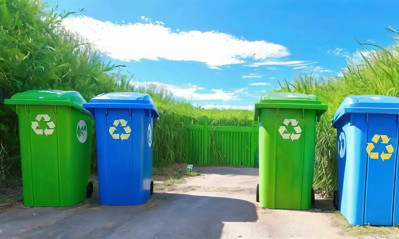 Reciclaje de contenedores, paneles solares, paisaje verde