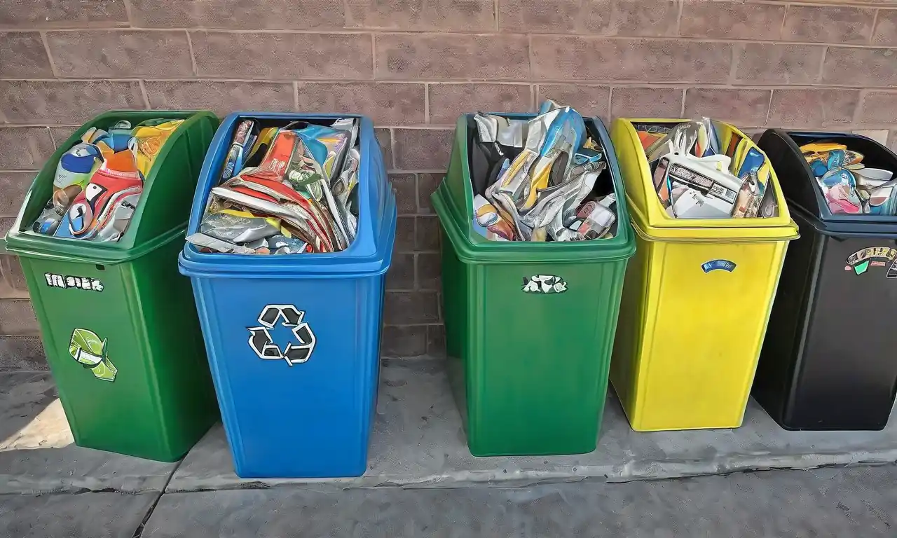 Cubos de reciclaje, globo terrestre verde, símbolo de energía renovable