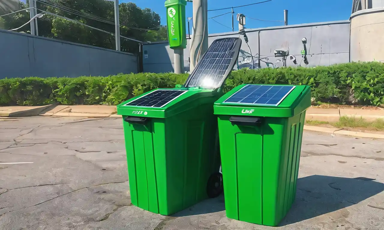 Cubos de reciclaje verde, paneles solares, cuchillas de turbina eólica