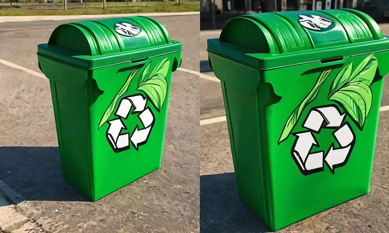 Cubos de reciclaje verdes, etiquetas ecológicas, fondo de oficina minimalista