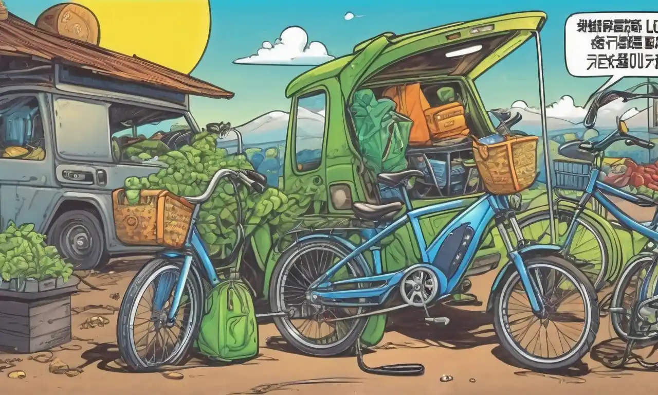 Bicicleta eléctrica, autobús, coche solar, señal de carretera verde